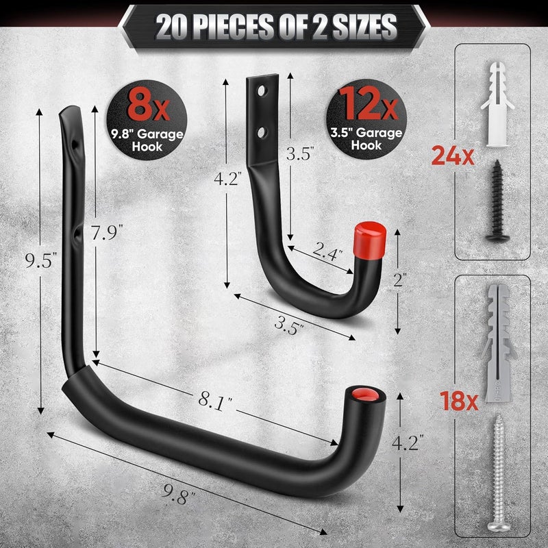 Nacial 20 Pack Garage Hooks Heavy Duty, 9.8" & 3.5" Garage Wall Hook with EVA Pads, 100LBS Capacity Hooks for Hanging Bikes, Kayak Folding Chairs and Hanging Ladders - Image 2